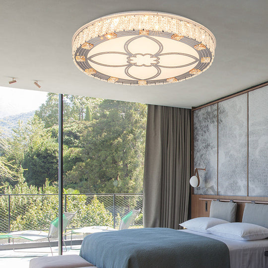 Contemporary Round Flush Mount LED Ceiling Light - White Acrylic Fixture with Crystal Accent