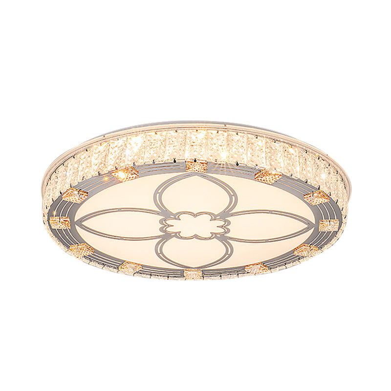 Contemporary Round Flush Mount LED Ceiling Light - White Acrylic Fixture with Crystal Accent