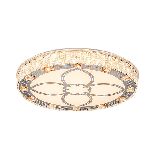 Contemporary Round Flush Mount LED Ceiling Light - White Acrylic Fixture with Crystal Accent