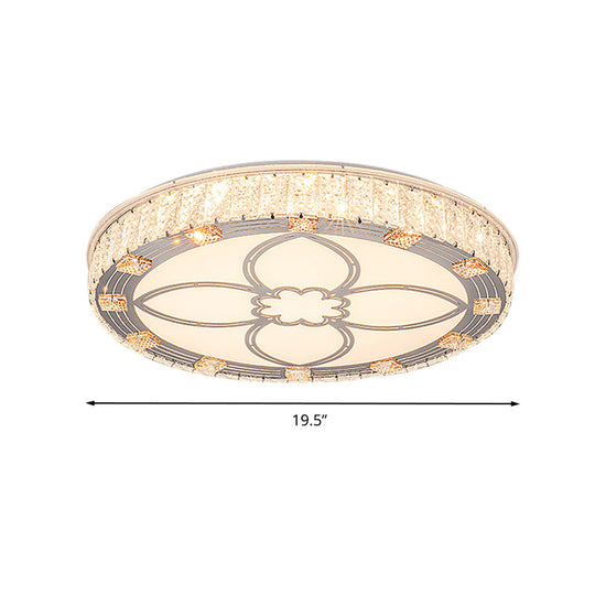Contemporary Round Flush Mount LED Ceiling Light - White Acrylic Fixture with Crystal Accent