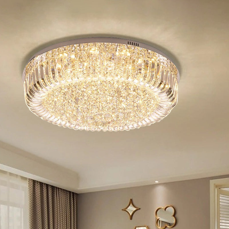 Modern Clear Faceted Crystal Drum LED Ceiling Light Fixture - Flush Mount; Warm/White/3 Color Lighting
