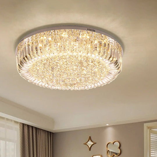 Modern Clear Faceted Crystal Drum LED Ceiling Light Fixture - Flush Mount; Warm/White/3 Color Lighting