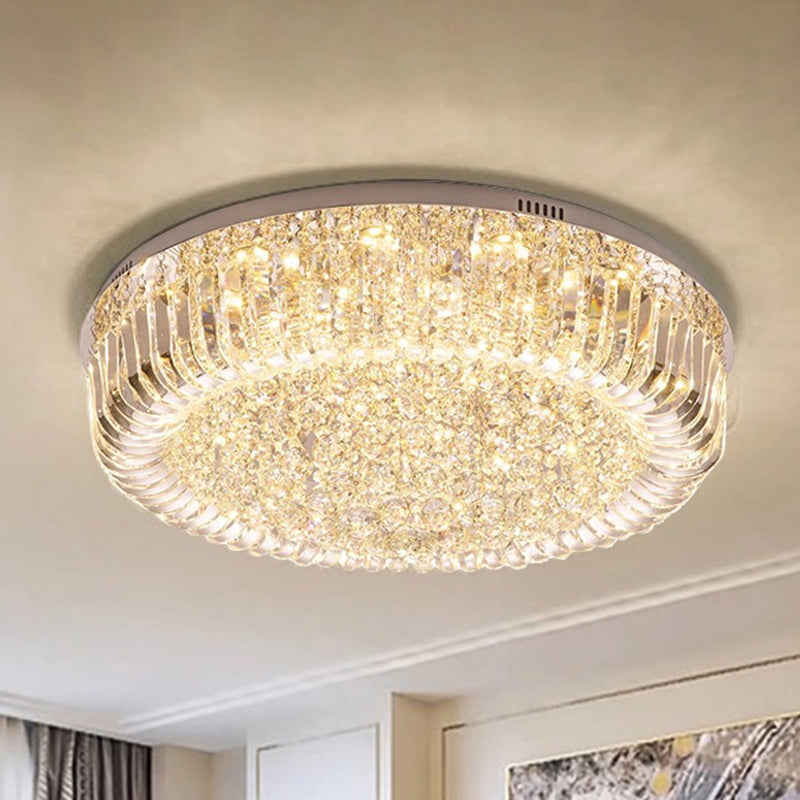 Modern Clear Faceted Crystal Drum LED Ceiling Light Fixture - Flush Mount; Warm/White/3 Color Lighting