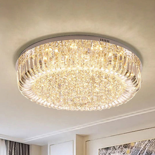 Modern Clear Faceted Crystal Drum LED Ceiling Light Fixture - Flush Mount; Warm/White/3 Color Lighting