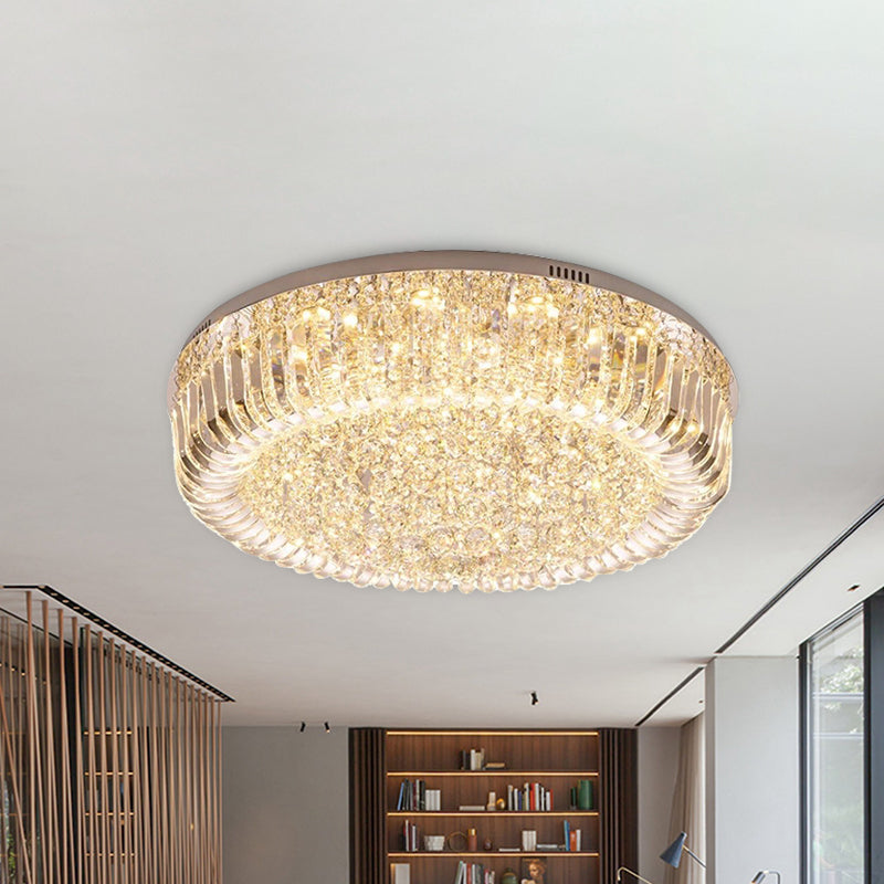 Modern Clear Faceted Crystal Drum Led Ceiling Light Fixture - Flush Mount; Warm/White/3 Color