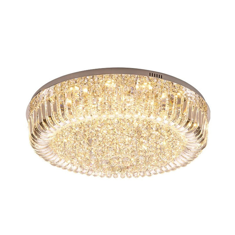 Modern Clear Faceted Crystal Drum LED Ceiling Light Fixture - Flush Mount; Warm/White/3 Color Lighting