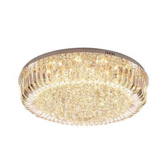 Modern Clear Faceted Crystal Drum LED Ceiling Light Fixture - Flush Mount; Warm/White/3 Color Lighting