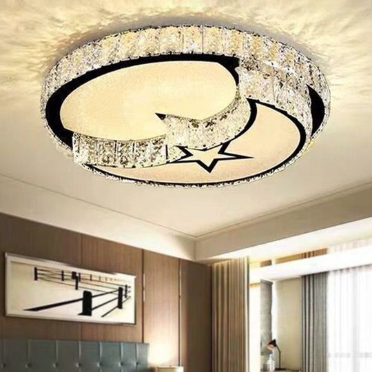 Modern LED Ceiling Light with White Moon and Star/Heart Design, Crystal Block Accent - Perfect for Bedroom