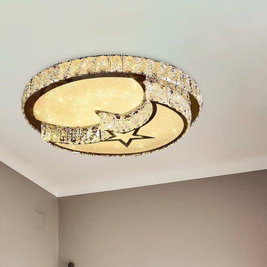 Modern LED Ceiling Light with White Moon and Star/Heart Design, Crystal Block Accent - Perfect for Bedroom