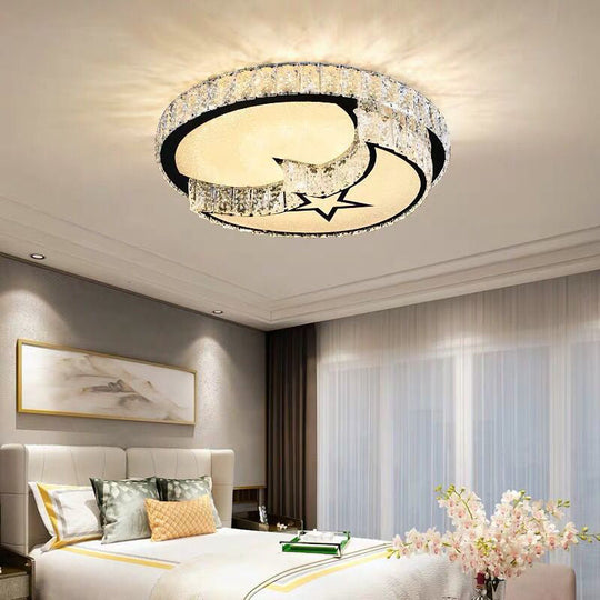 Modern LED Ceiling Light with White Moon and Star/Heart Design, Crystal Block Accent - Perfect for Bedroom