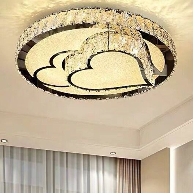 Modern LED Ceiling Light with White Moon and Star/Heart Design, Crystal Block Accent - Perfect for Bedroom