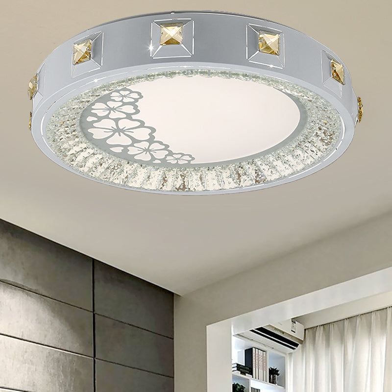 Modern Crystal LED Ceiling Light with Remote Control and Stepless Dimming - White with Stylish Flower/Sun/Rhombus Carvings and 3 Color Options".