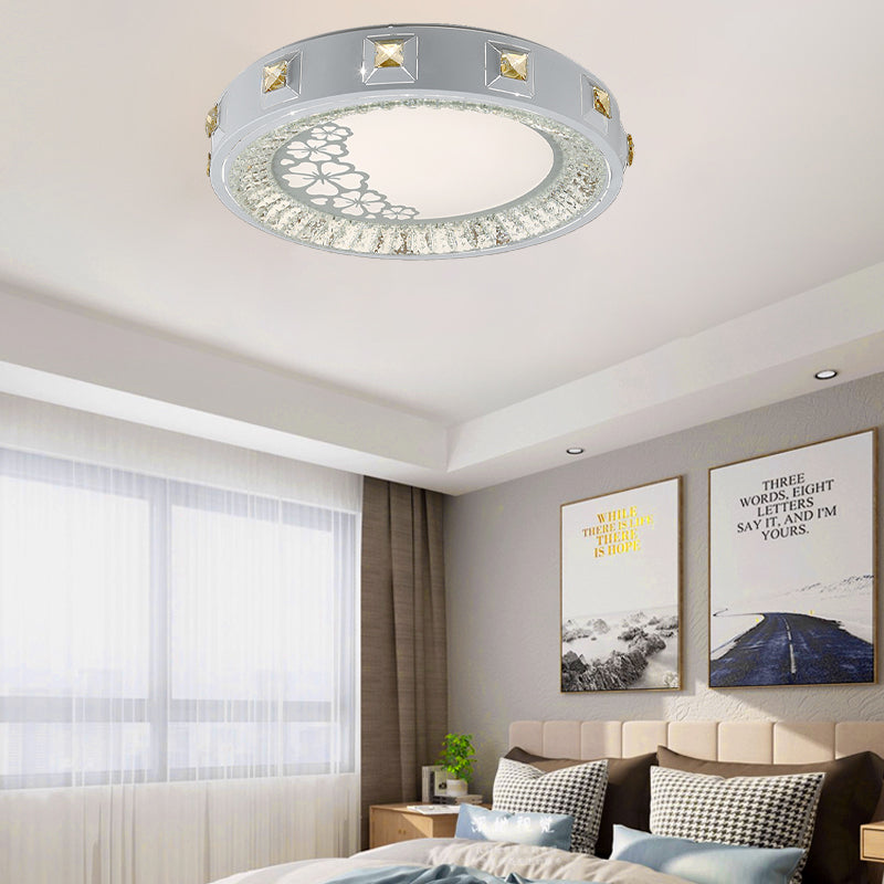 Modern Crystal LED Ceiling Light with Remote Control and Stepless Dimming - White with Stylish Flower/Sun/Rhombus Carvings and 3 Color Options".