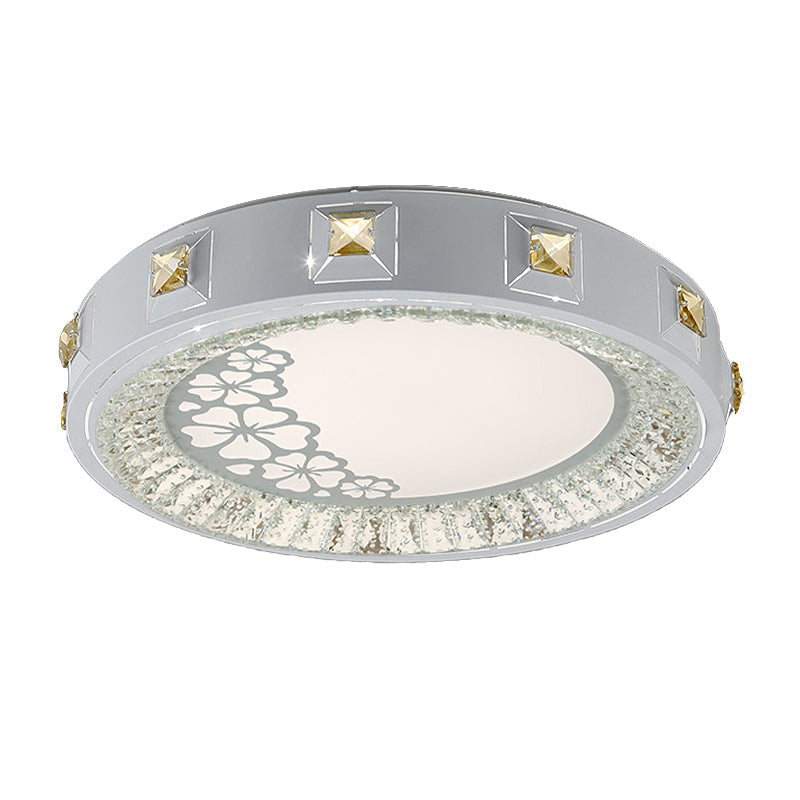 Modern Crystal LED Ceiling Light with Remote Control and Stepless Dimming - White with Stylish Flower/Sun/Rhombus Carvings and 3 Color Options".