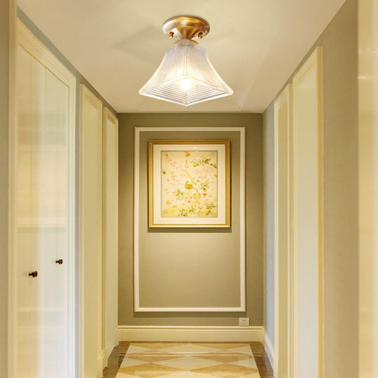 Colonial Brass Clear Ribbed Glass Flush Mount Light - 7.5"/8" Width, Cone/Bell Ceiling Fixture, Single Bulb, Ideal for Hallway