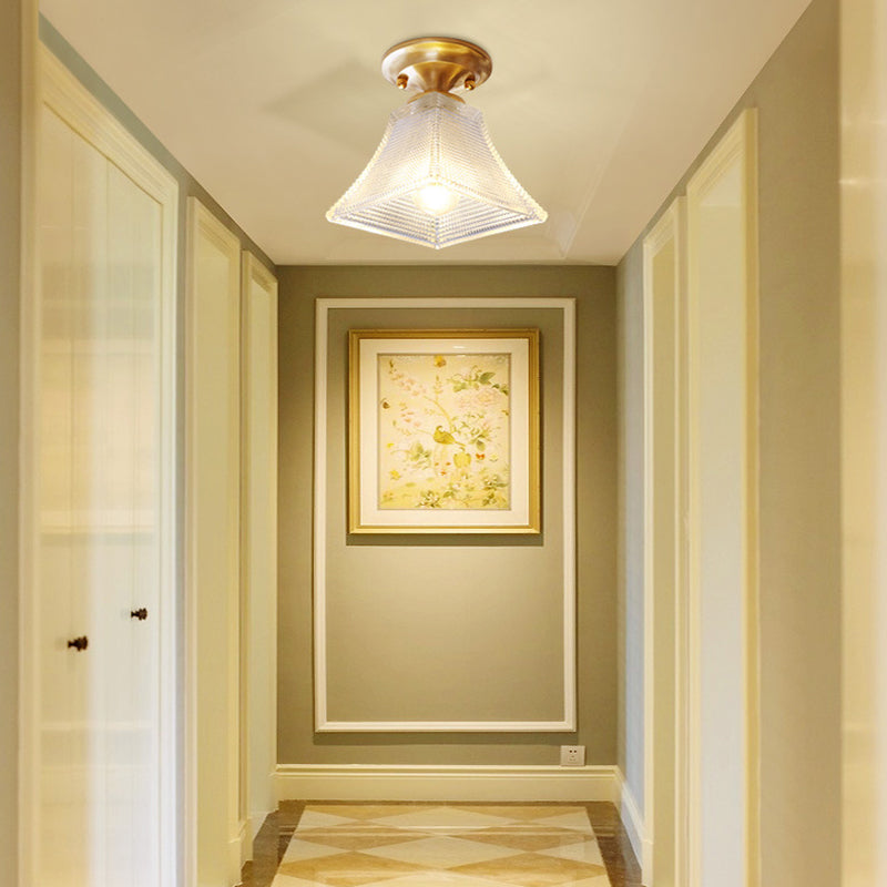 Colonial Brass Clear Ribbed Glass Flush Mount Light - 7.5/8 Width Cone/Bell Ceiling Fixture Single