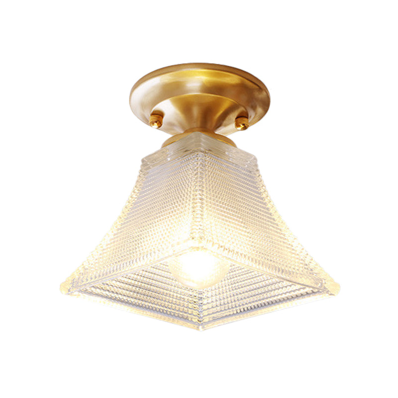 Colonial Brass Clear Ribbed Glass Flush Mount Light - 7.5"/8" Width, Cone/Bell Ceiling Fixture, Single Bulb, Ideal for Hallway