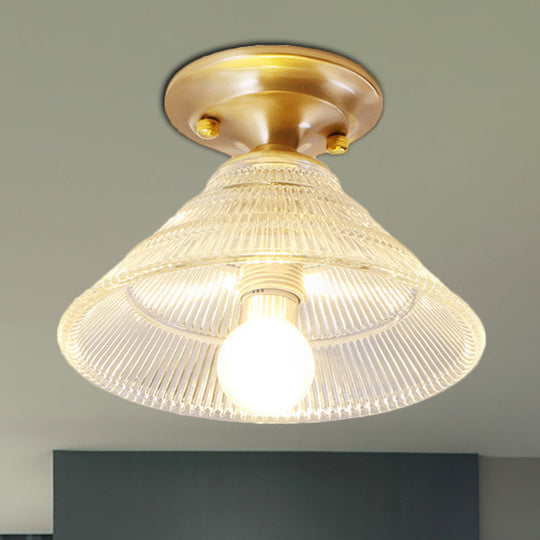 Colonial Brass Clear Ribbed Glass Flush Mount Light - 7.5"/8" Width, Cone/Bell Ceiling Fixture, Single Bulb, Ideal for Hallway