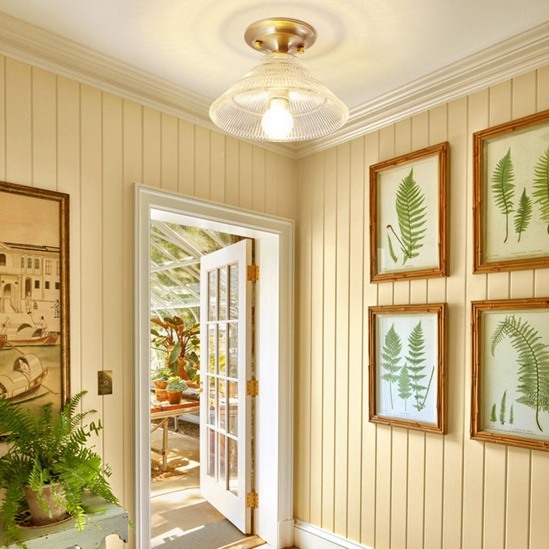 Colonial Brass Clear Ribbed Glass Flush Mount Light - 7.5"/8" Width, Cone/Bell Ceiling Fixture, Single Bulb, Ideal for Hallway