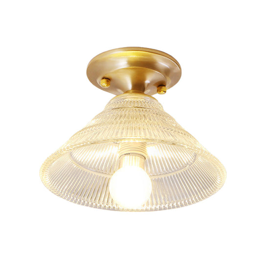 Colonial Brass Clear Ribbed Glass Flush Mount Light - 7.5/8 Width Cone/Bell Ceiling Fixture Single