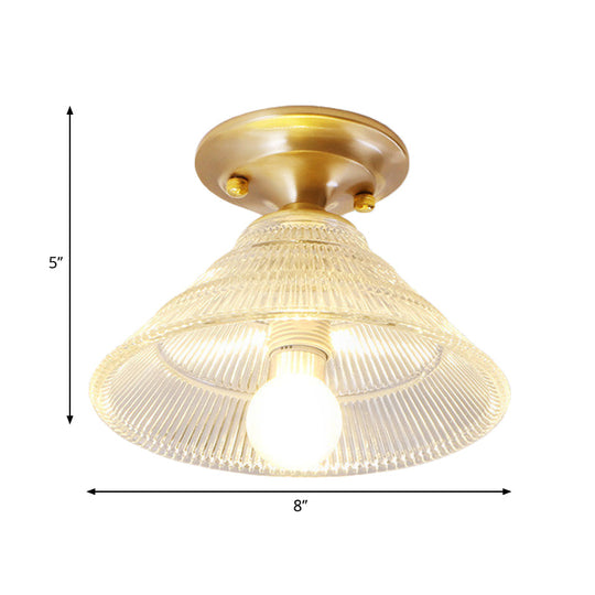 Colonial Brass Clear Ribbed Glass Flush Mount Light - 7.5"/8" Width, Cone/Bell Ceiling Fixture, Single Bulb, Ideal for Hallway