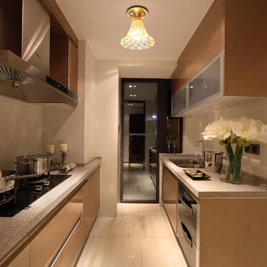 Bell/Bowl Corridor Flush Mount Light - 6.5"/7" - Clear Glass - 1 Bulb - Brass Finish