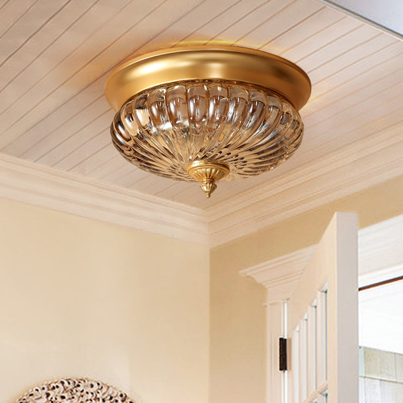 Brass Flush Mount Lamp with Prismatic Glass Dome for Corridor - 2 Heads, Colonial Style - 10"/12" W