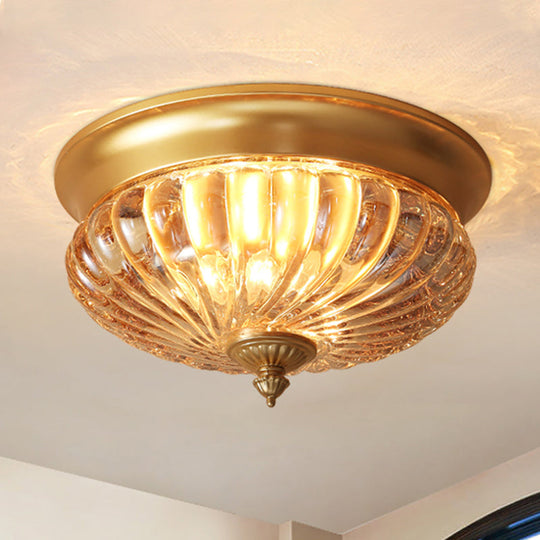 Brass Flush Mount Lamp with Prismatic Glass Dome for Corridor - 2 Heads, Colonial Style - 10"/12" W