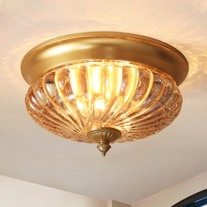 Brass Flush Mount Lamp With Prismatic Glass Dome For Corridor - 2 Heads Colonial Style 10/12 W