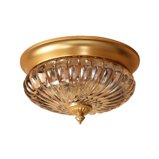 Brass Flush Mount Lamp with Prismatic Glass Dome for Corridor - 2 Heads, Colonial Style - 10"/12" W