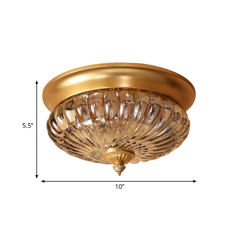 Brass Flush Mount Lamp with Prismatic Glass Dome for Corridor - 2 Heads, Colonial Style - 10"/12" W