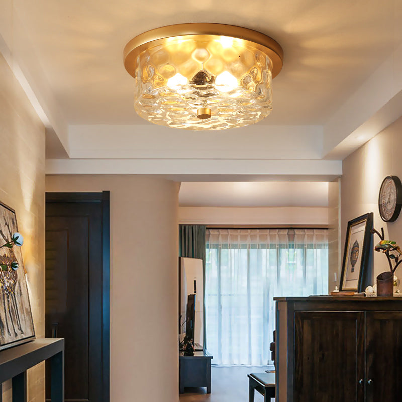 Colonial Drum Ceiling Light Fixture, Clear Dimple Glass, Brass Flush Mount for Living Room - 3 Bulbs