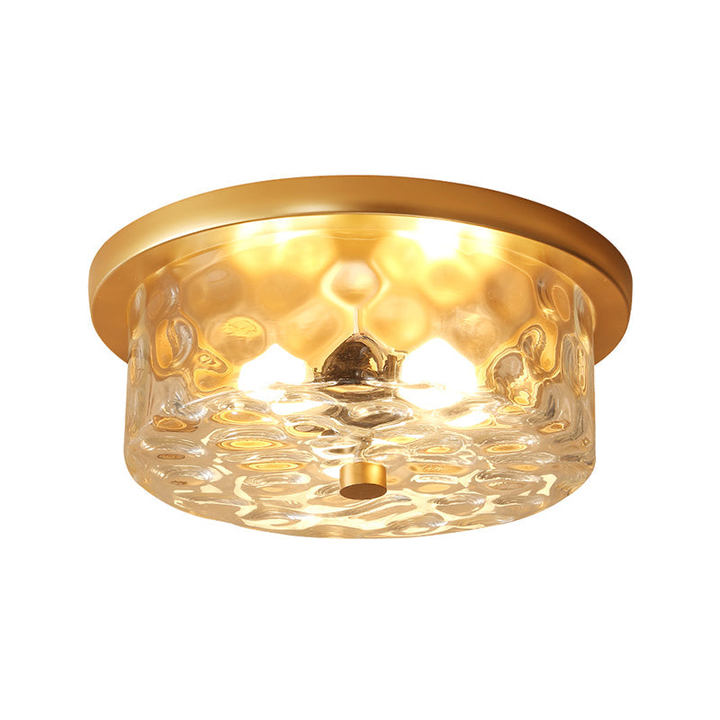 Colonial Drum Ceiling Light Fixture, Clear Dimple Glass, Brass Flush Mount for Living Room - 3 Bulbs