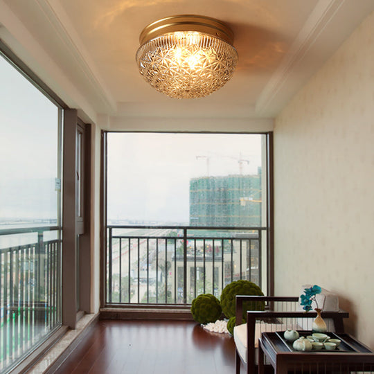 Colonial Gold Flush Mount Ceiling Light Fixture with Clear Ribbed Glass for Bedroom - Set of 2 Bulbs