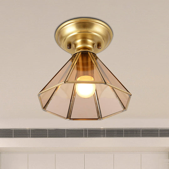 Beveled Glass Flush Mount Ceiling Light with Colonial Brass Cone Design