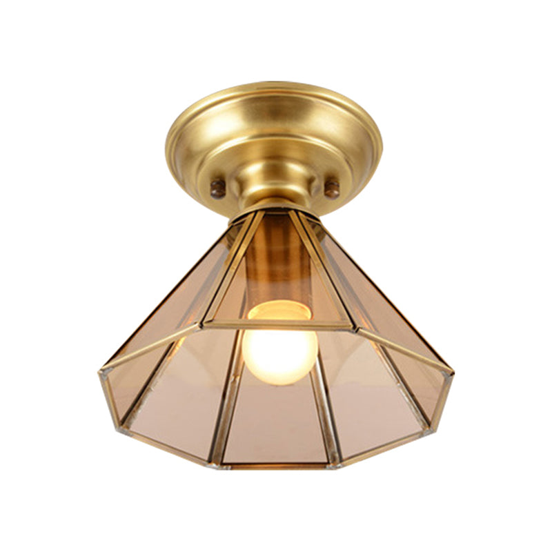 Beveled Glass Flush Mount Ceiling Light with Colonial Brass Cone Design