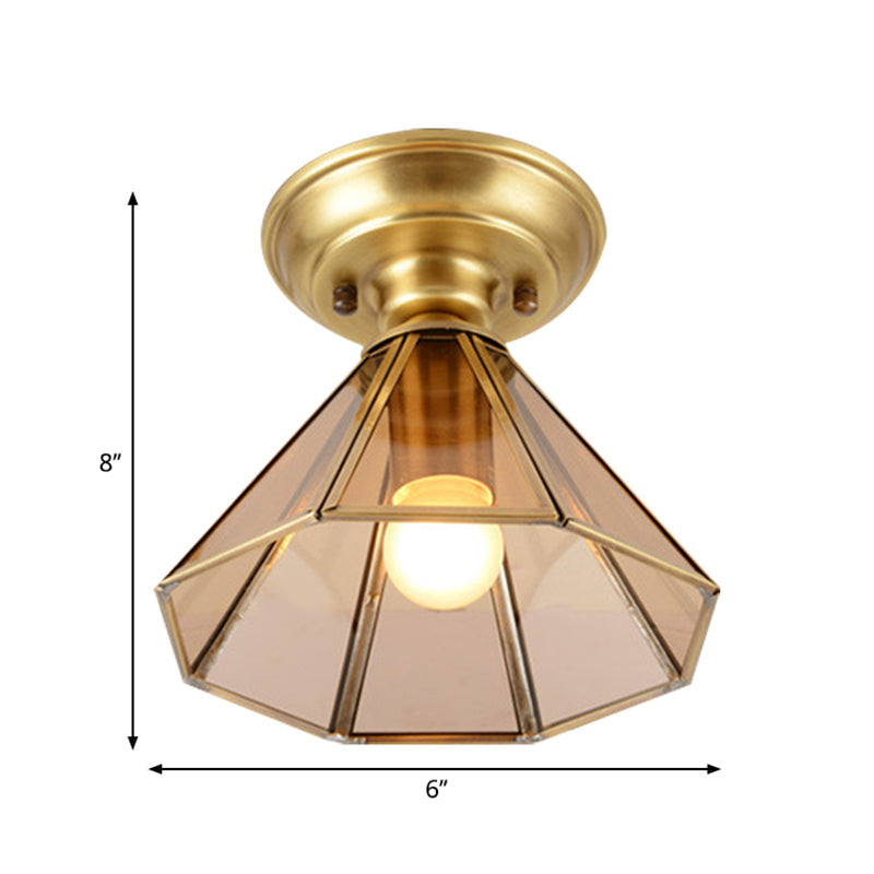 Beveled Glass Flush Mount Ceiling Light with Colonial Brass Cone Design