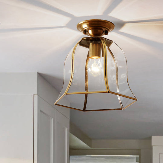 Brass Colonial Bell Ceiling Light - Clear Glass, Flush Mount Foyer Fixture