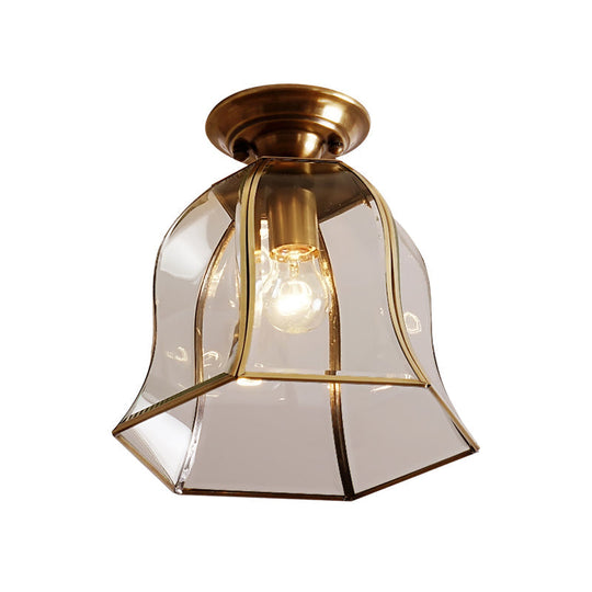 Brass Colonial Bell Ceiling Light - Clear Glass, Flush Mount Foyer Fixture