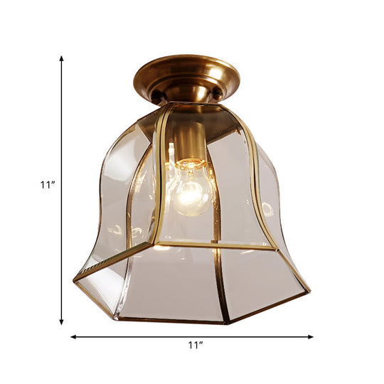 Brass Colonial Bell Ceiling Light - Clear Glass, Flush Mount Foyer Fixture