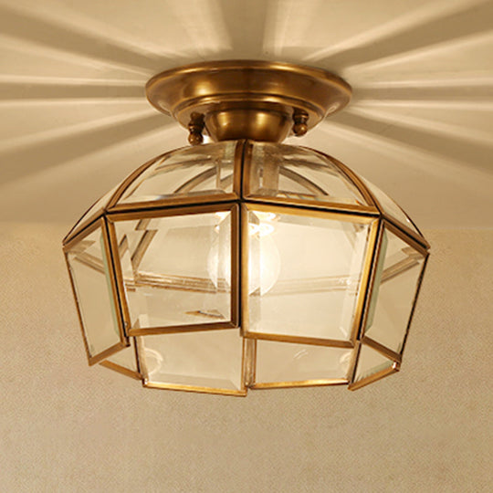 Beveled Colonial Ceiling Flush Mount Light Fixture - 1 Bulb, Clear Glass, Brass