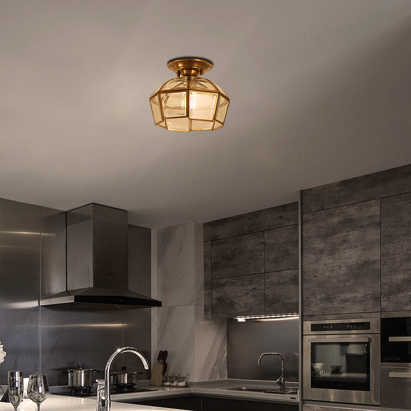 Beveled Colonial Ceiling Flush Mount Light Fixture - 1 Bulb, Clear Glass, Brass