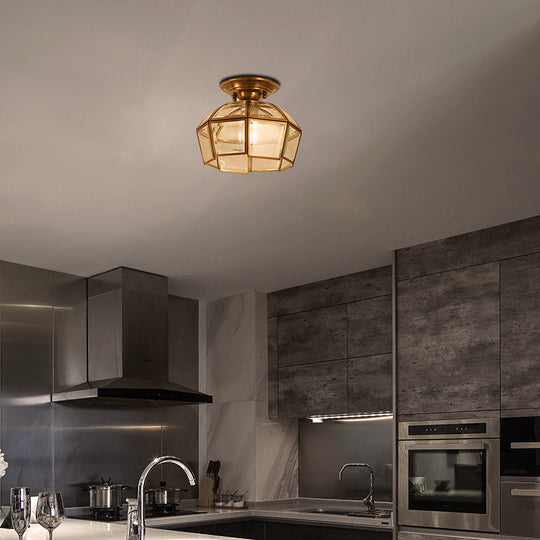 Beveled Colonial Ceiling Flush Mount Light Fixture - 1 Bulb Clear Glass Brass