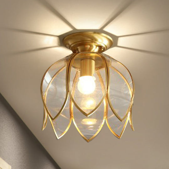 Lotus Ceiling Mount Brass Flush Light Fixture for Corridor - Clear Glass, 1 Bulb