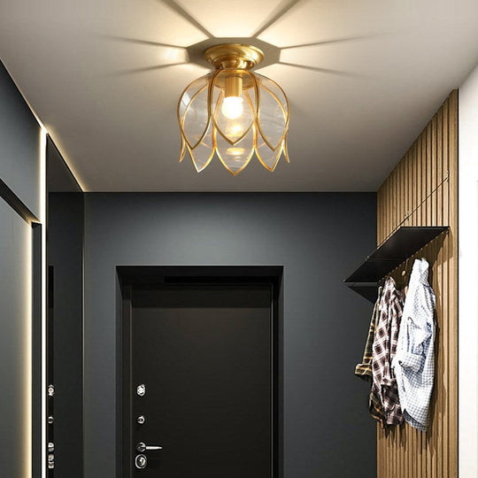 Lotus Ceiling Mount Brass Flush Light Fixture for Corridor - Clear Glass, 1 Bulb