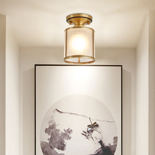 Colonial Cylinder Ceiling Light Fixture - 1 Bulb, White Glass, Flush Mount Brass Lighting