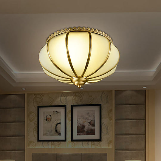 Retro White Glass Sphere Flush Mount Ceiling Light Fixture - 3 Brass Heads, Ideal for Bedroom - 14"/18" Wide