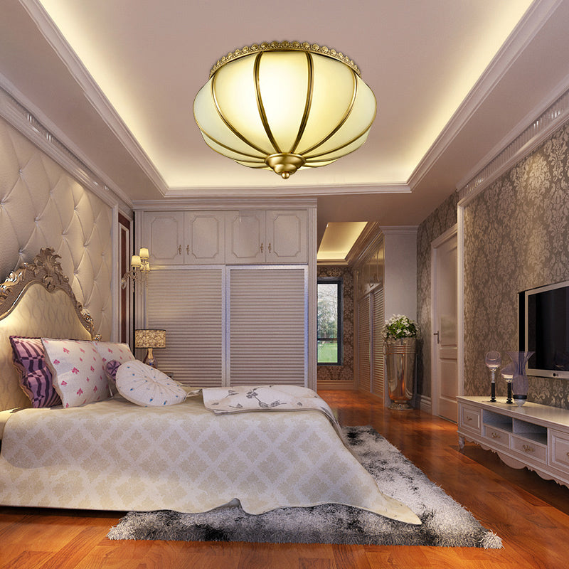 Retro White Glass Sphere Flush Mount Ceiling Light Fixture - 3 Brass Heads, Ideal for Bedroom - 14"/18" Wide