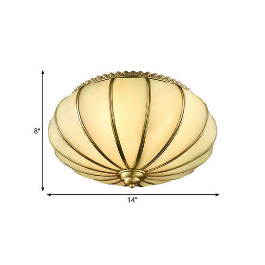 Retro White Glass Sphere Flush Mount Ceiling Light Fixture - 3 Brass Heads, Ideal for Bedroom - 14"/18" Wide