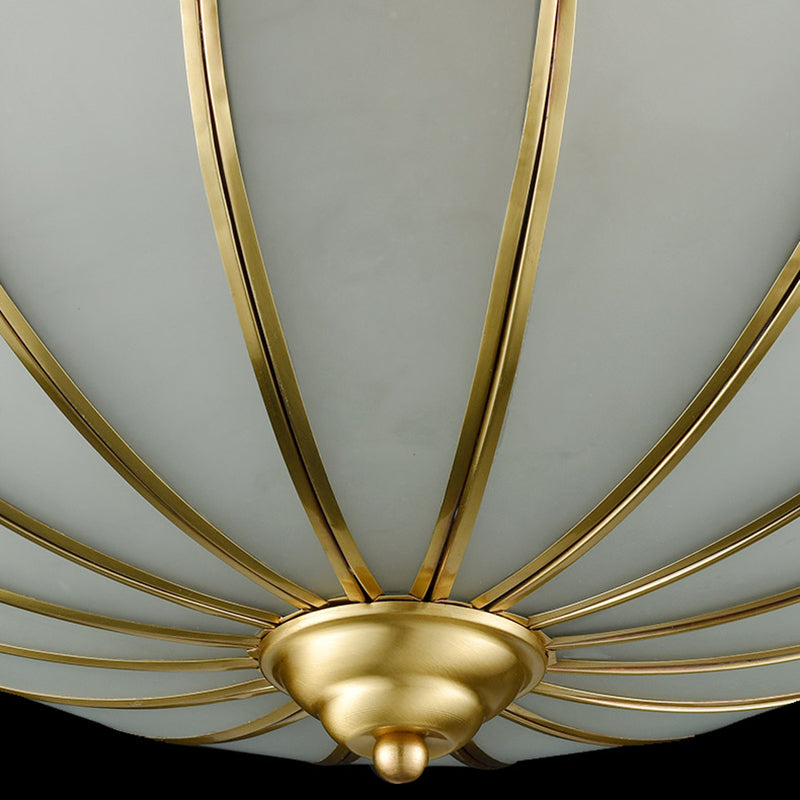 Retro White Glass Sphere Flush Mount Ceiling Light Fixture - 3 Brass Heads, Ideal for Bedroom - 14"/18" Wide